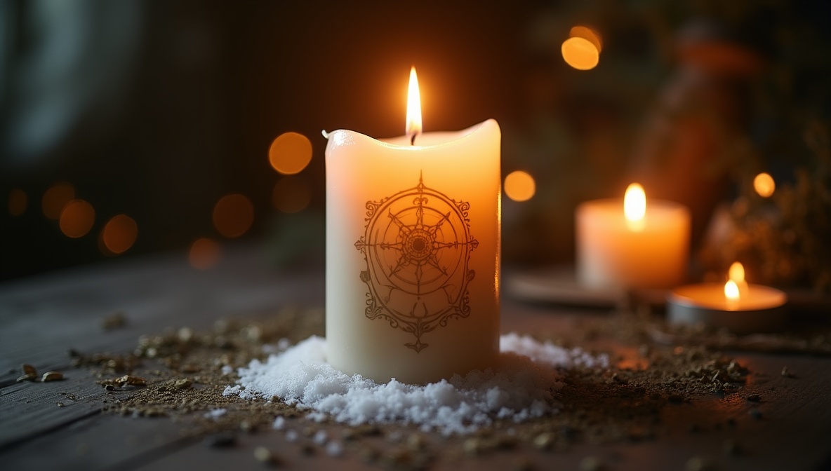 Guardian Candle Shield ritual - Protection Spells for Home with Large white or black pillar candle and Dried rosemary, bas...