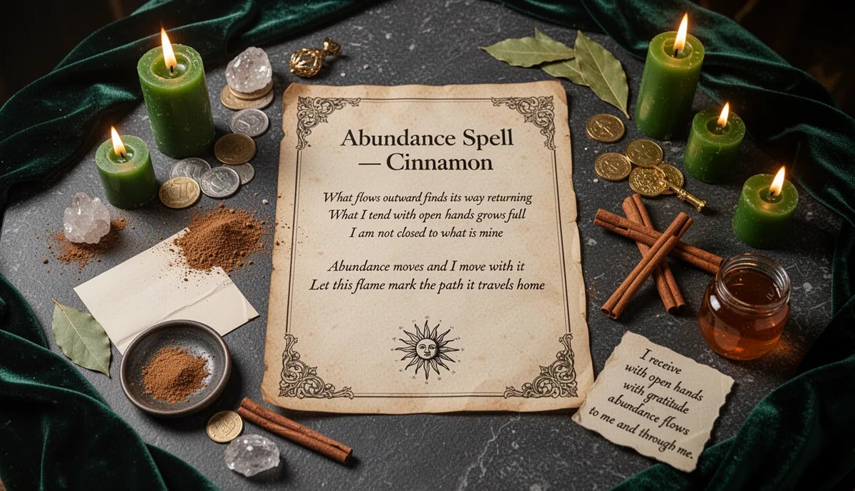 Abundance Spell — Cinnamon, Bay Leaf, and Honey Jar ritual altar with parchment and wealth symbols