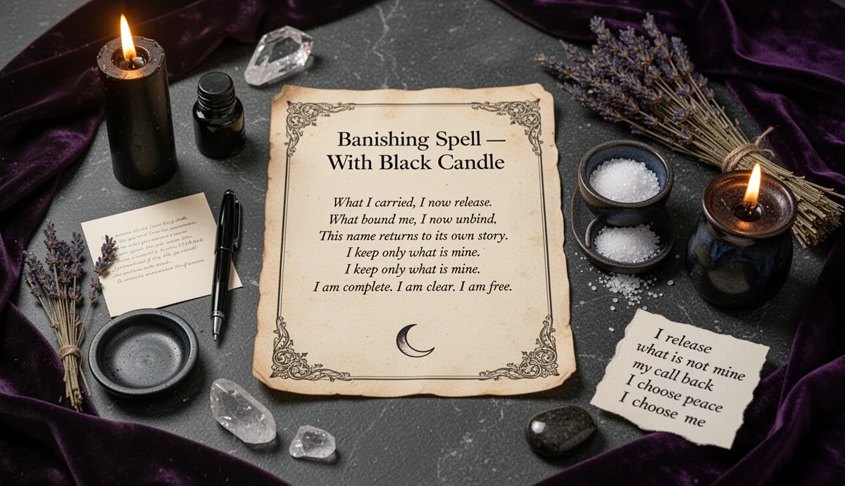 Banishing Spell — With Black Candle and Words That Hold ritual altar with parchment and severance symbols