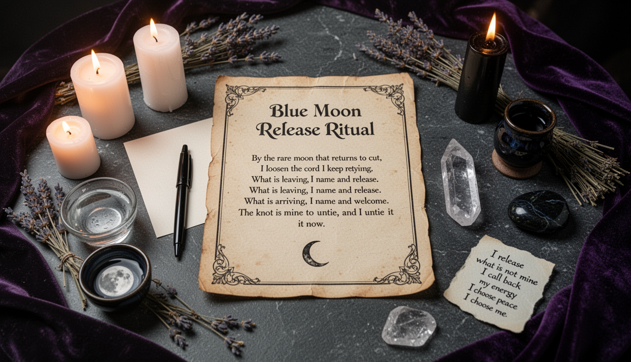 Blue Moon Release Ritual ritual altar with parchment, candles, and severance symbols