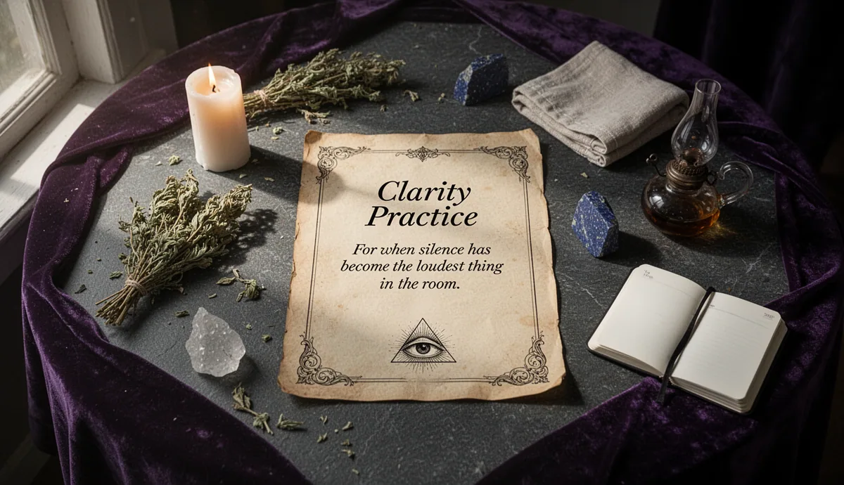 Clarity Practice contemplative altar with parchment and wisdom symbols