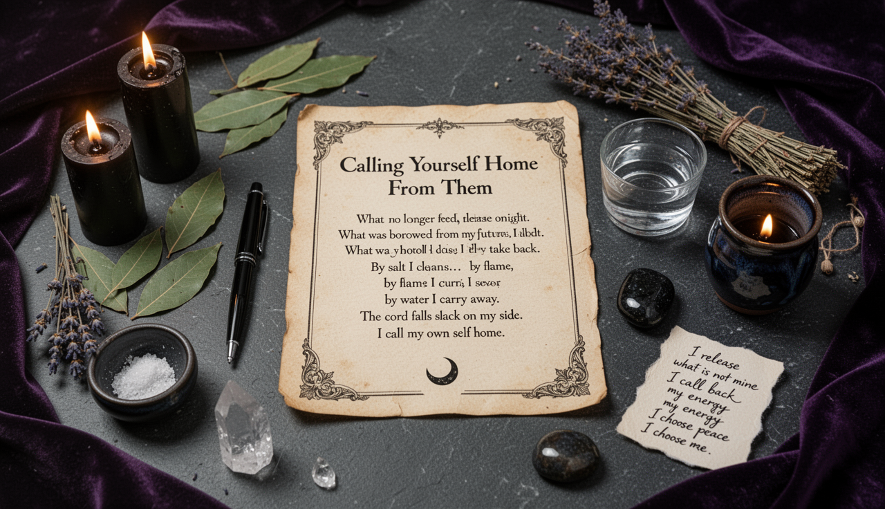 Calling Your Power Home Cord Cutting ritual altar with parchment, candles, and severance symbols