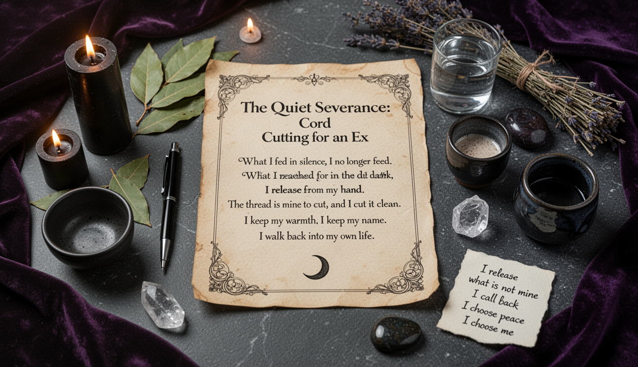 Cord Cutting Spell for an Ex ritual altar with parchment, candles, and severance symbols