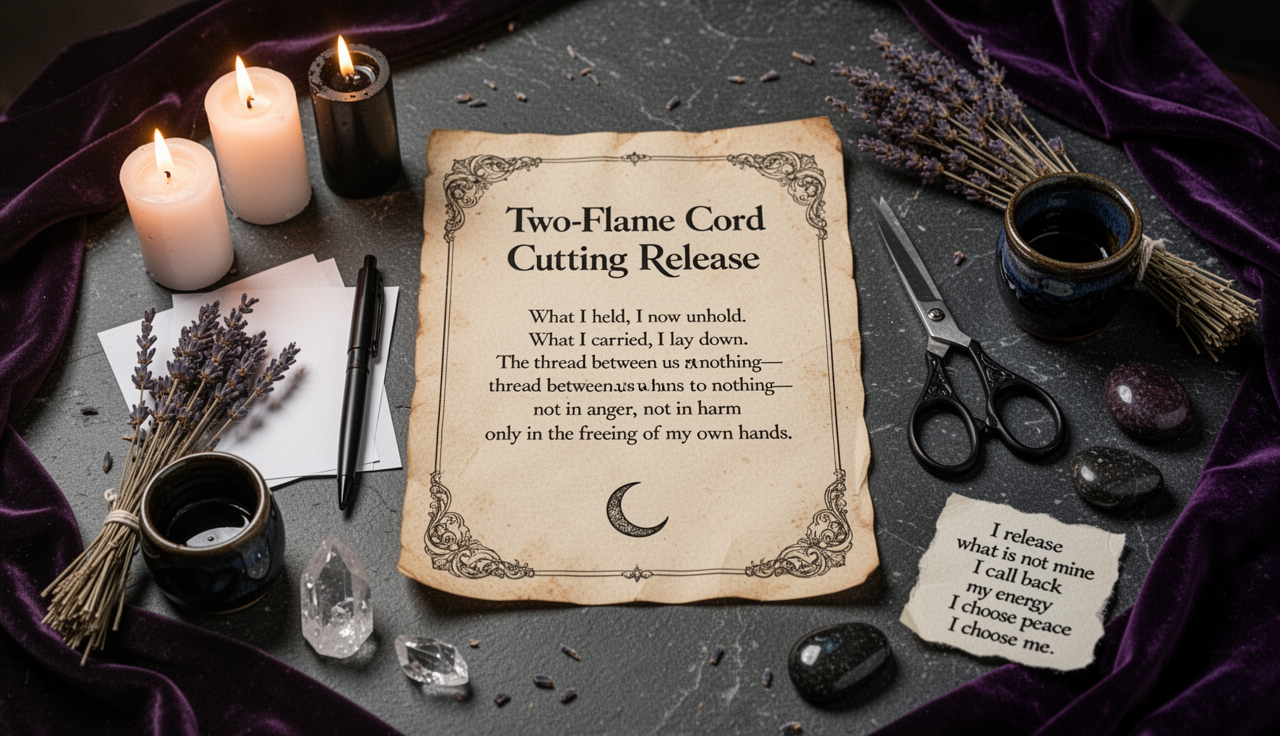 Two-Flame Cord Cutting Release ritual altar with parchment, candles, and severance symbols