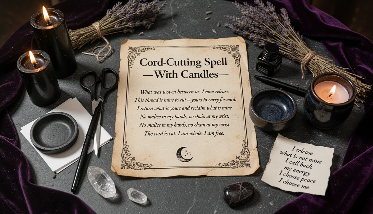 Cord-Cutting Spell — With Candles, When You're Ready to Be Free ritual altar with parchment and severance symbols