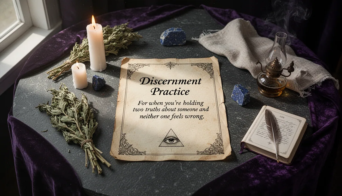 Discernment Practice contemplative altar with parchment and wisdom symbols