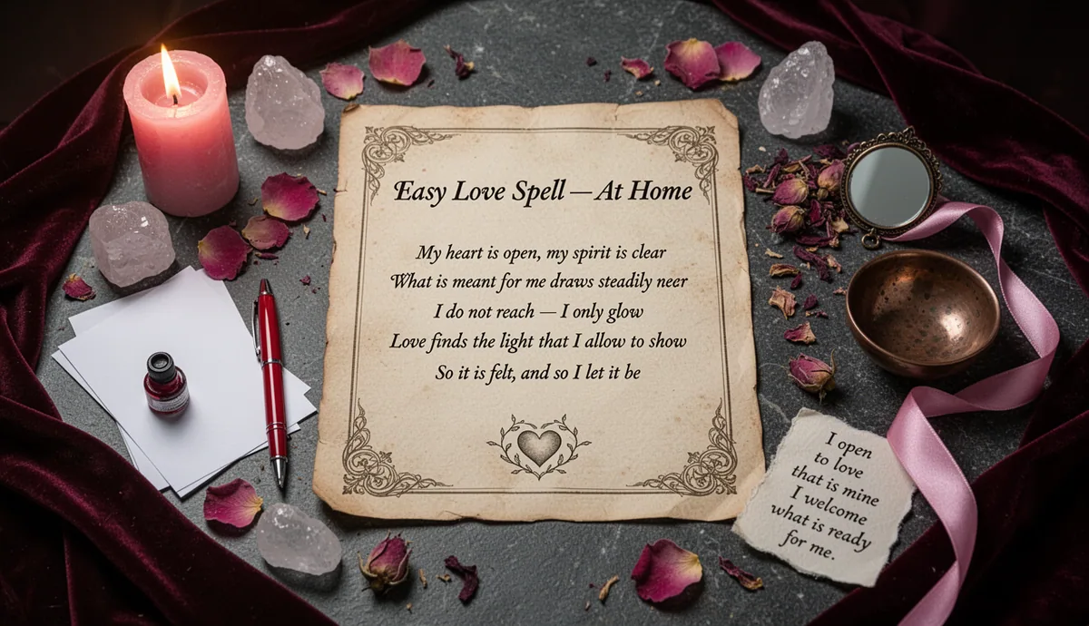 Easy Love Spell — At Home, When Your Heart Still Hopes ritual altar with parchment and love symbols