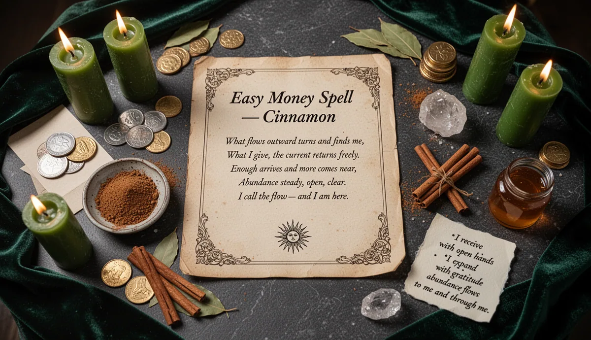 Easy Money Spell — Cinnamon, Bay Leaf, and Three Coins ritual altar with parchment and wealth symbols