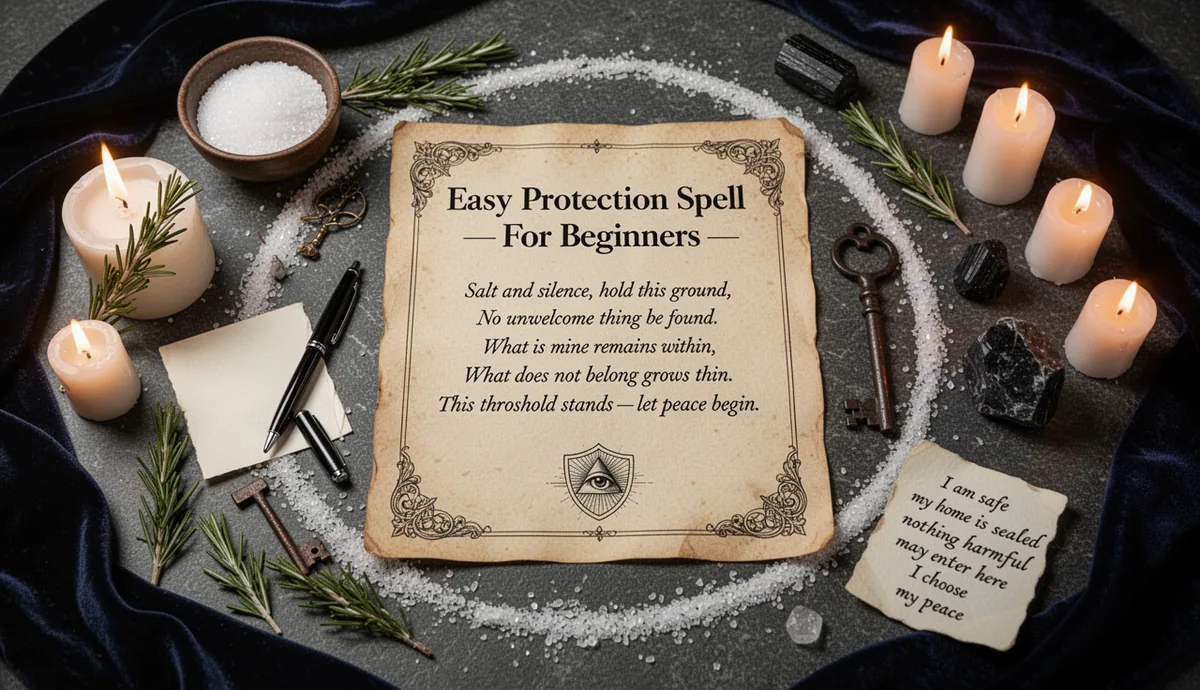 Easy Protection Spell — For Beginners, Five Minutes Before Bed ritual altar with parchment and protection symbols