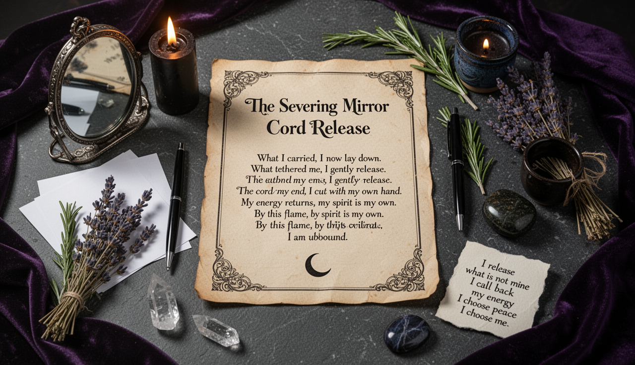 The Severing Mirror Cord Release ritual altar with parchment, candles, and severance symbols