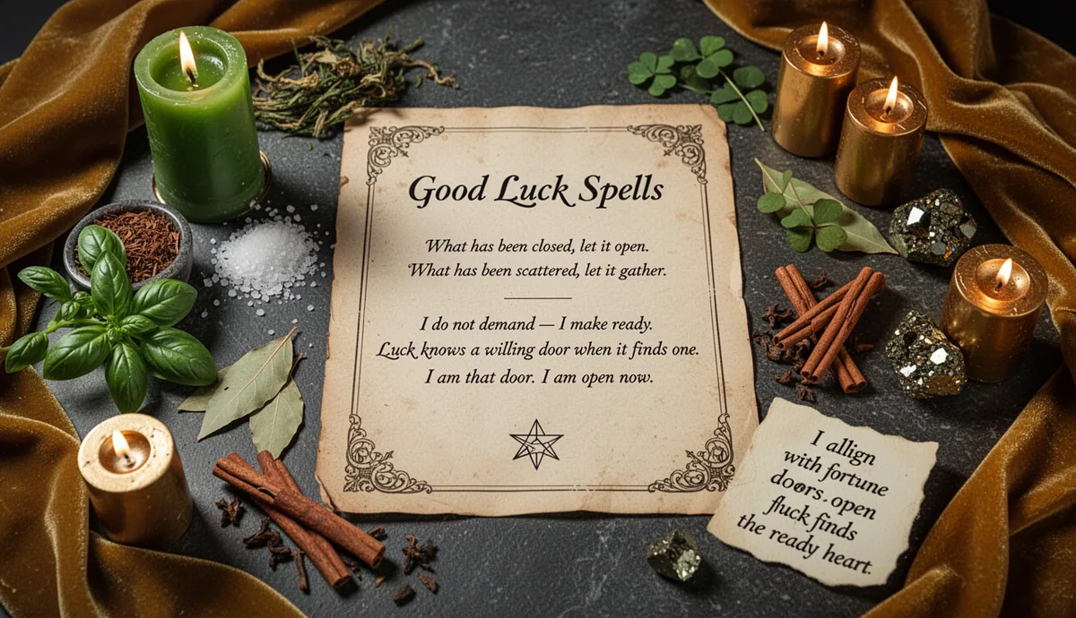 Good Luck Spells — Begin Before Your Day Starts ritual altar with parchment and luck symbols