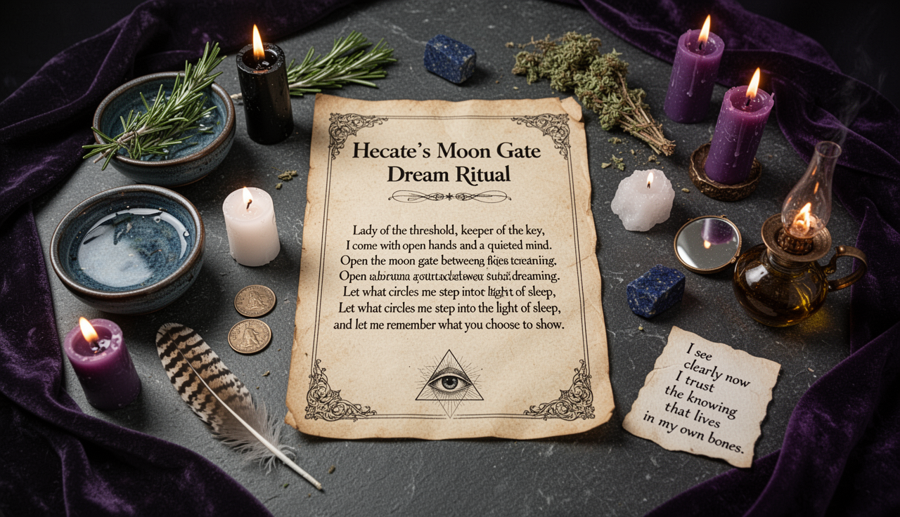Hecate's Moon Gate Dream Ritual ritual altar with parchment, candles, and wisdom symbols