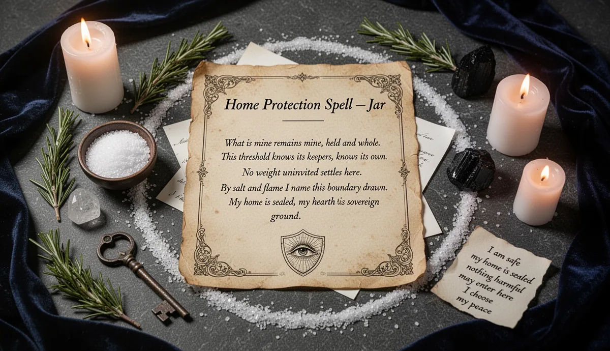 Home Protection Spell — Jar, Salt, and Threshold Sealing ritual altar with parchment and protection symbols