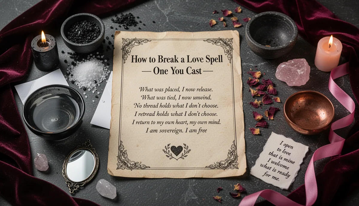How to Break a Love Spell — One You Cast, or One Cast on You ritual altar with parchment and love symbols