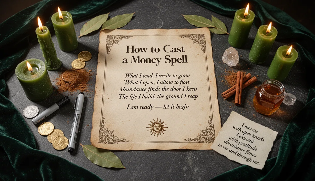 How to Cast a Money Spell — Step-by-Step to Attract Money ritual altar with parchment and wealth symbols