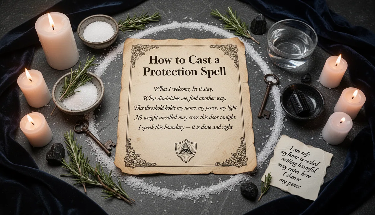 How to Cast a Protection Spell — On Yourself, Someone Else, or an Object ritual altar with parchment and protection symbols