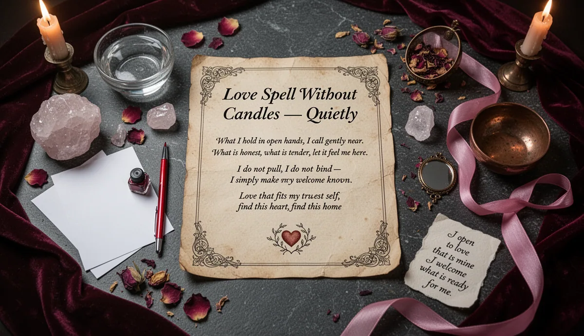 Love Spell Without Candles — Quietly, At Home ritual altar with parchment and love symbols