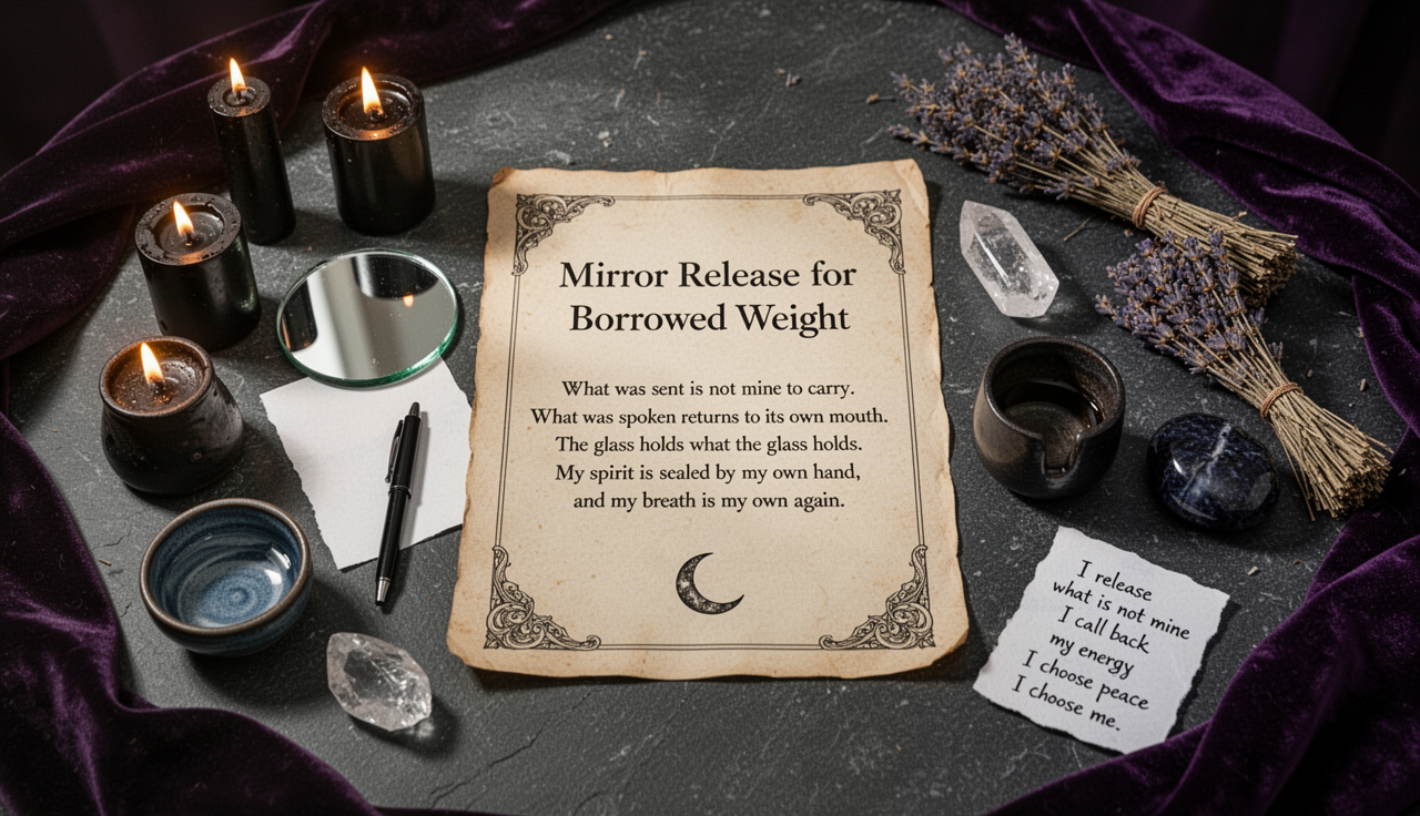 Mirror Release for Borrowed Weight ritual altar with parchment, candles, and severance symbols