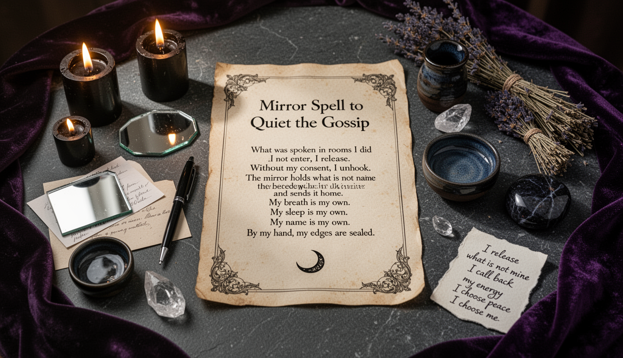 Mirror Spell to Quiet the Gossip ritual altar with parchment, candles, and severance symbols