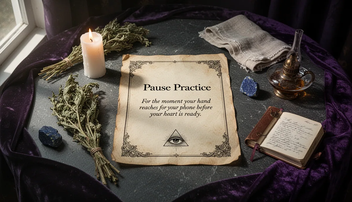 Pause Practice contemplative altar with parchment and wisdom symbols