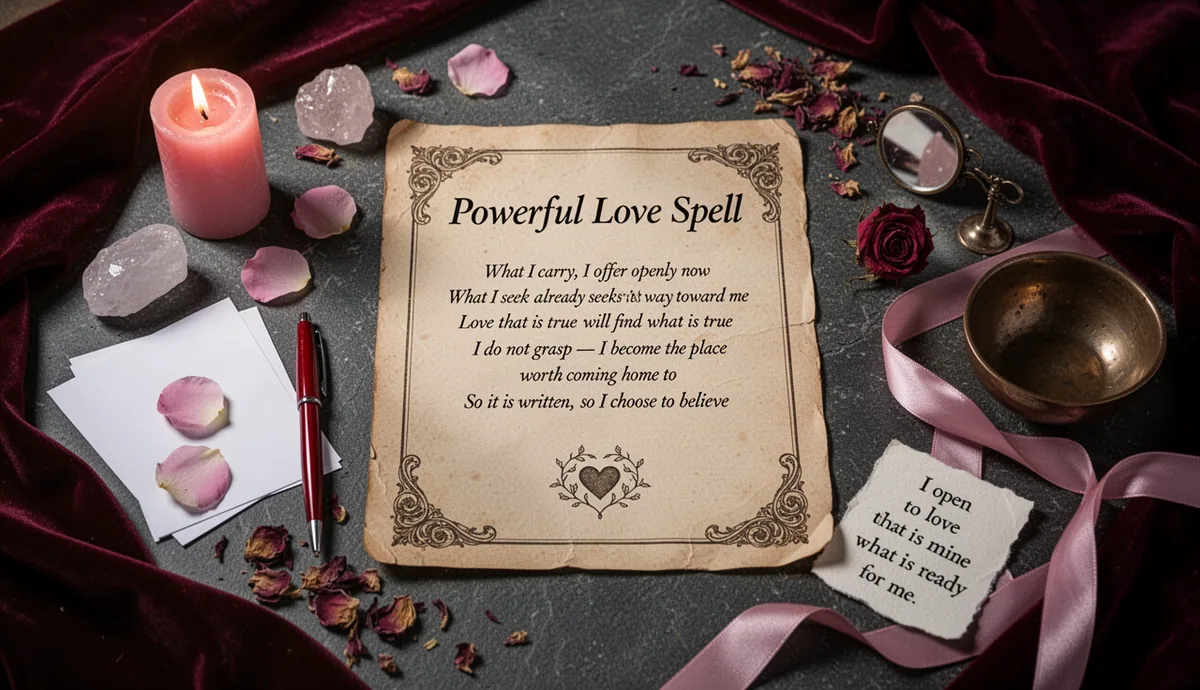Powerful Love Spell — Words That Bring Him Back ritual altar with parchment and love symbols