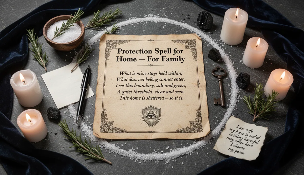 Protection Spell for Home — For Family, New Home, Tonight ritual altar with parchment and protection symbols