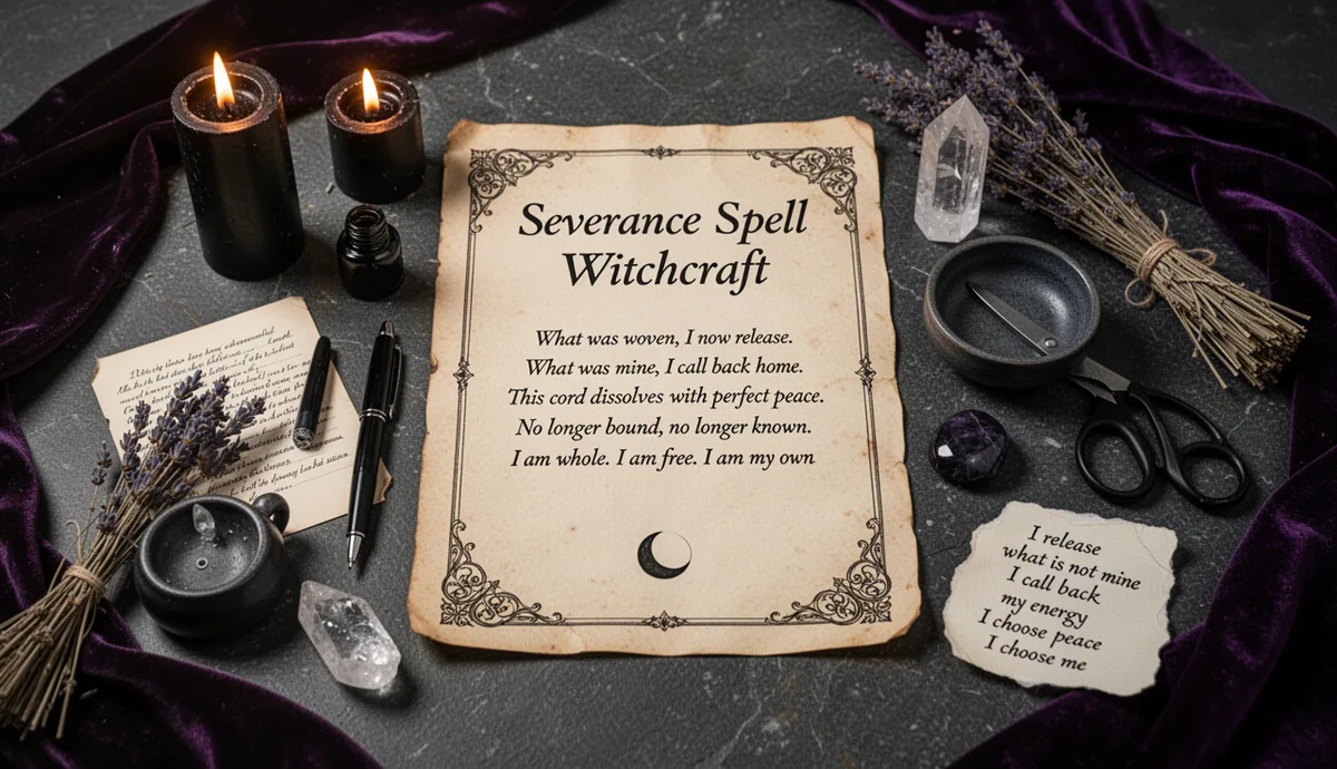 Severance Spell Witchcraft — Releasing What's Not Yours ritual altar with parchment and severance symbols