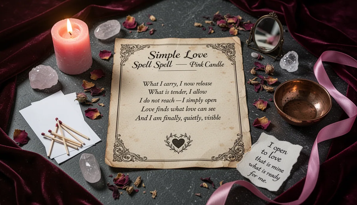 Simple Love Spell — Pink Candle, At Home ritual altar with parchment and love symbols