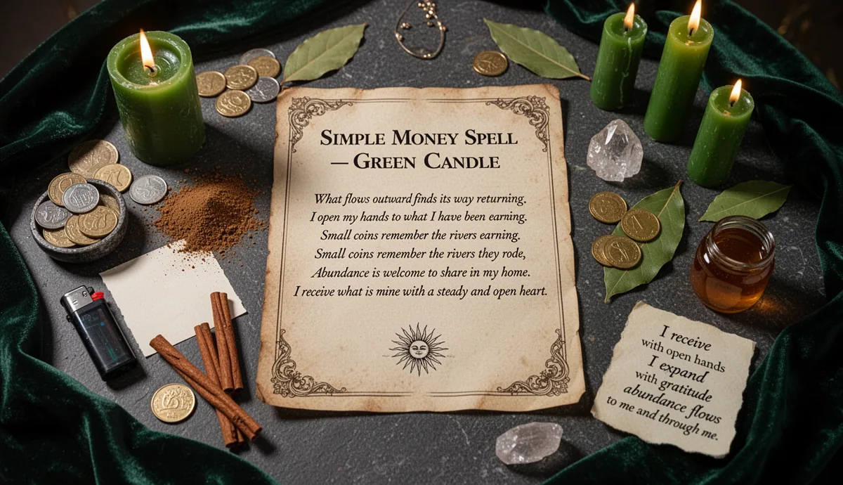 Simple Money Spell — Green Candle, For Beginners ritual altar with parchment and wealth symbols