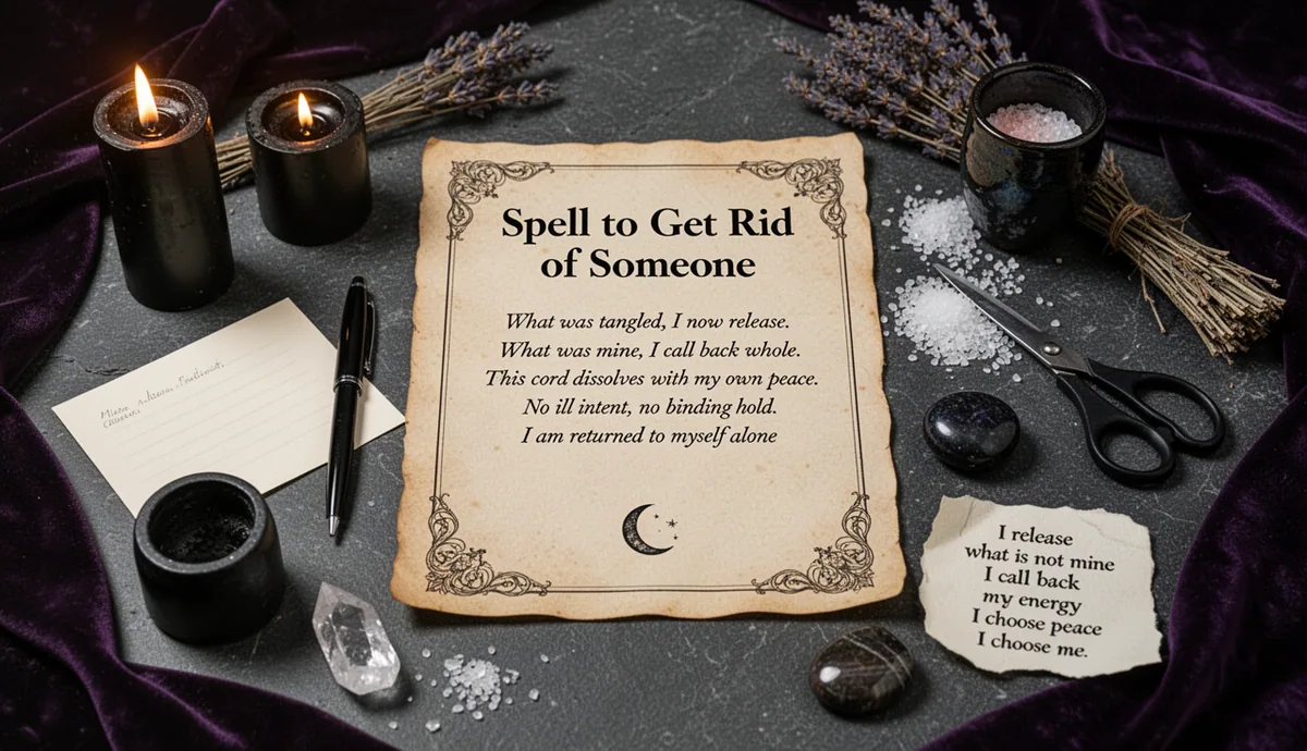 Spell to Get Rid of Someone — From Your Life, For Good ritual altar with parchment and severance symbols
