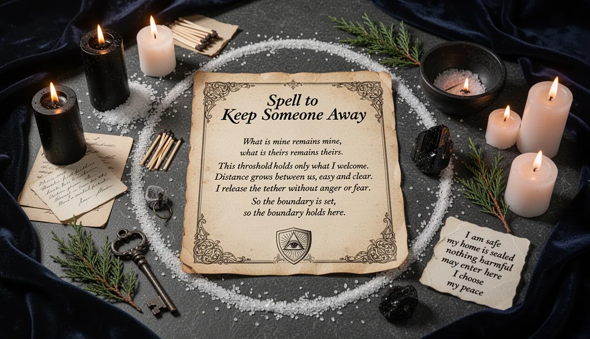 Spell to Keep Someone Away — From Your Home, Your Partner, Your Peace ritual altar with parchment and protection symbols