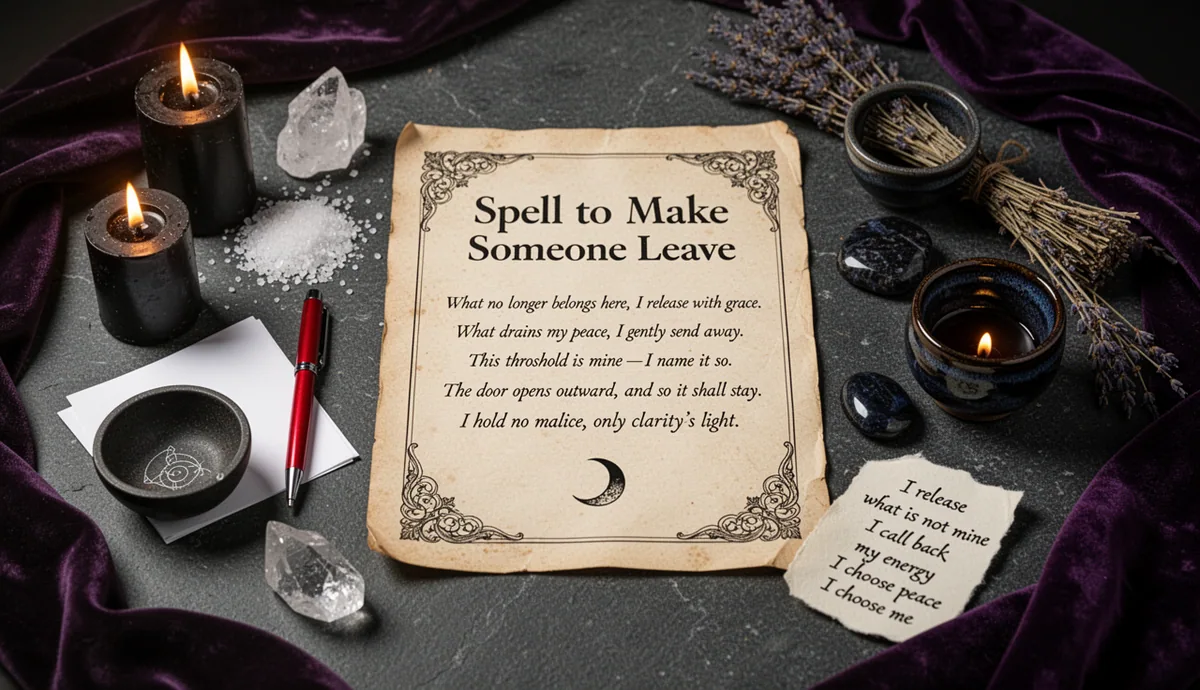Spell to Make Someone Leave You Alone ritual altar with parchment and severance symbols