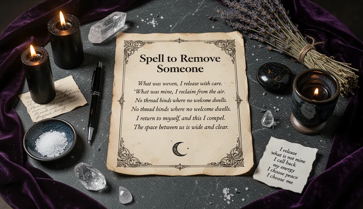 Spell to Remove Someone — From Your Life or Your Home ritual altar with parchment and severance symbols
