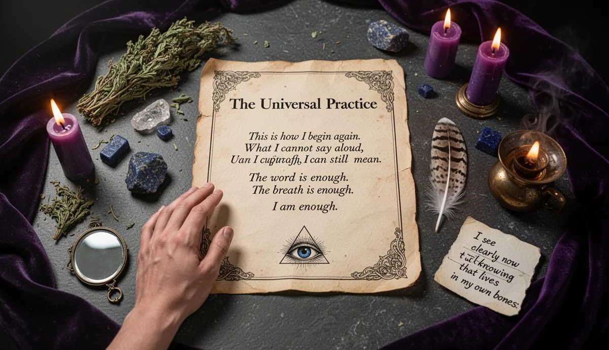 Universal Practice ritual altar with parchment and wisdom symbols
