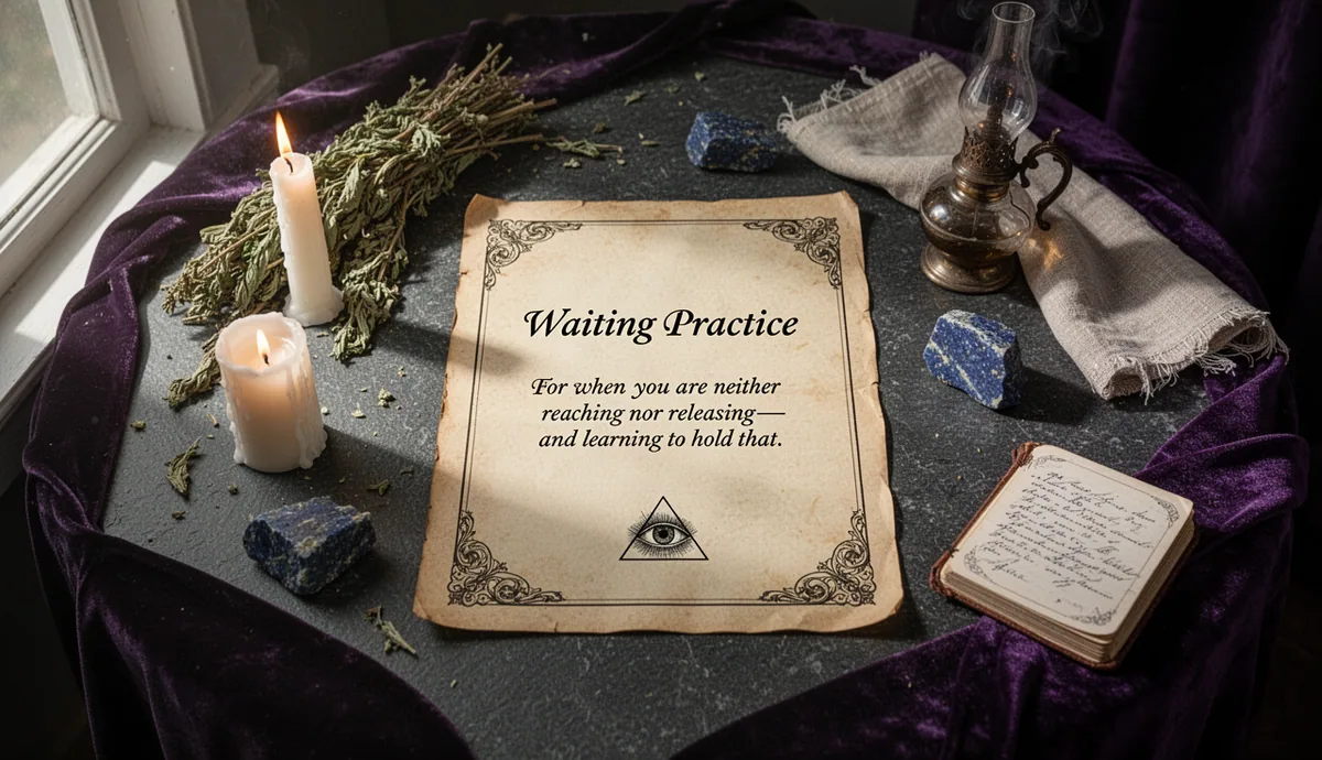 Waiting Practice contemplative altar with parchment and wisdom symbols